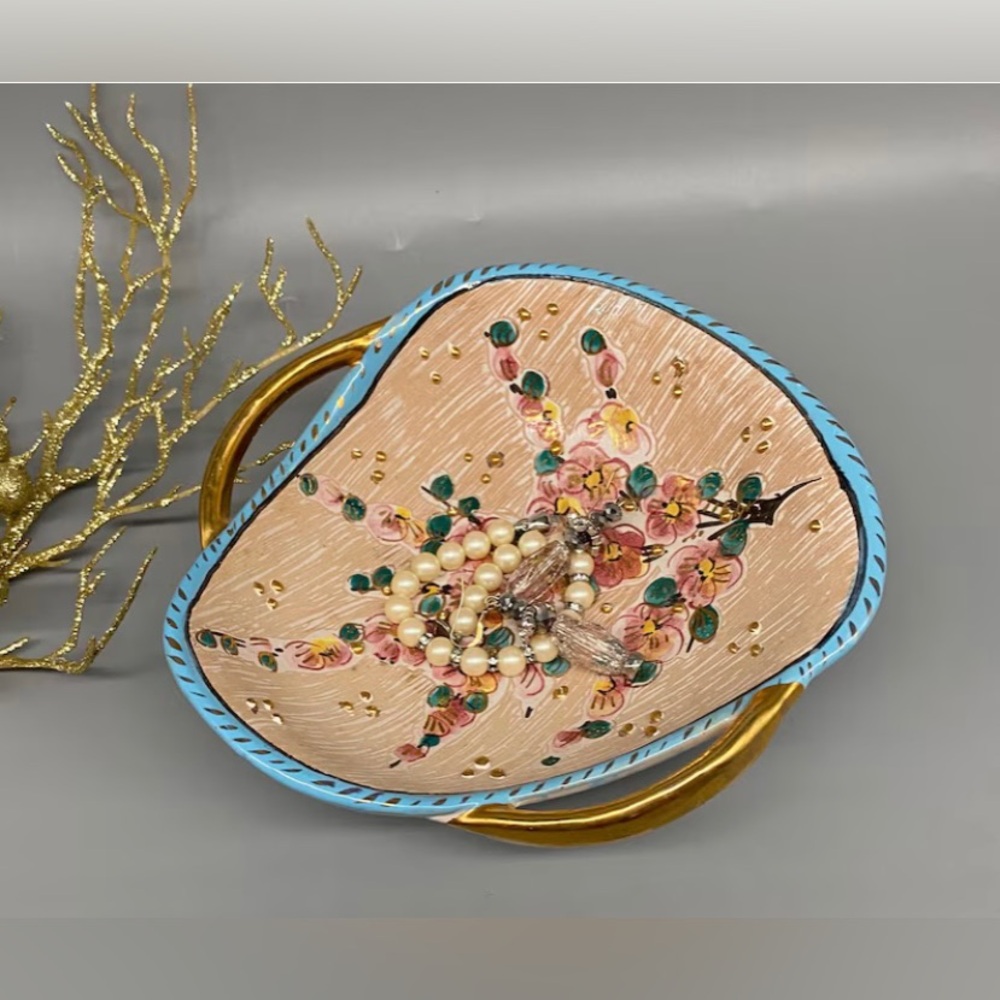 Vintage - Hand painted/Gold Gilded Decorative Floral Dish- Belfor, Made in Italy